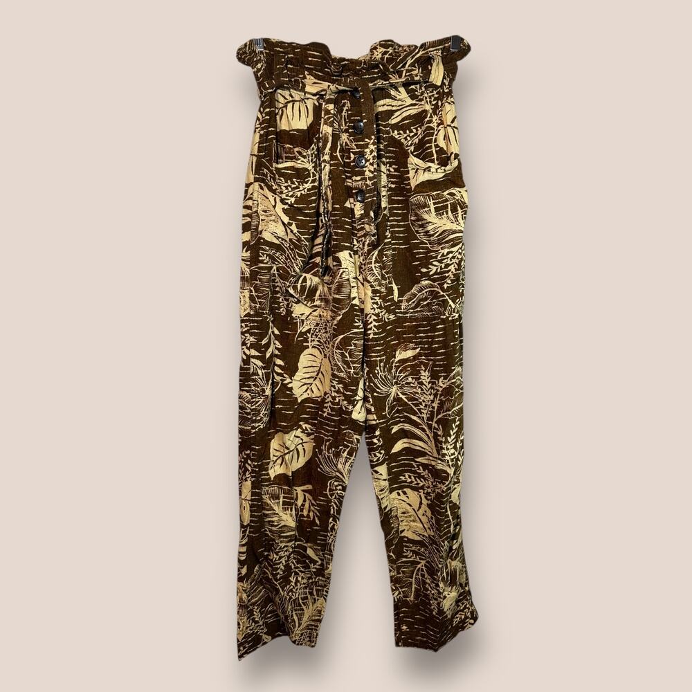 Urban Outfitters Linen Blend Tropical Print Wide Leg Pants Brown Small Bohemian